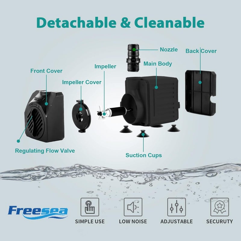 FREESEA Aquarium Submersible Fountain Pump: 30W 550GPH Adjustable Quiet Water Pumps with 7.2ft High Lift for Small Pond | Waterfall | Outdoor | Statuary | Hydroponic (550GPH) - Image 5
